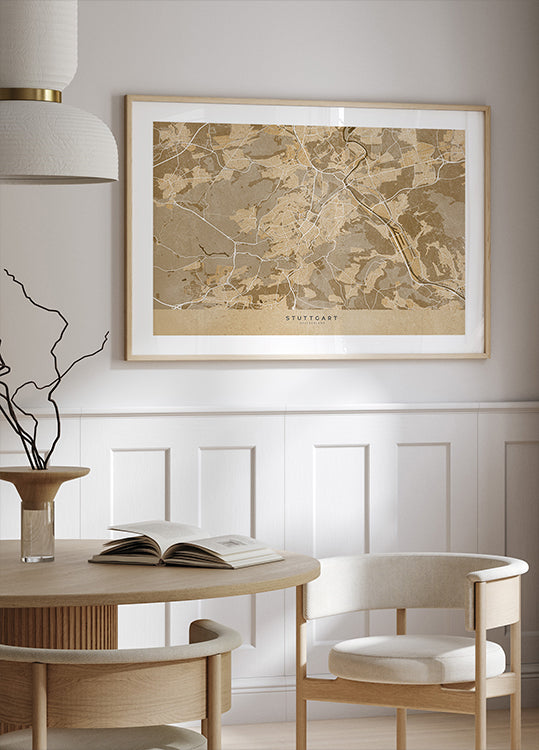 Vintage mapa Stuttgartu w kolorze sepii, w centrum Niemiec (NOWOŚĆ)