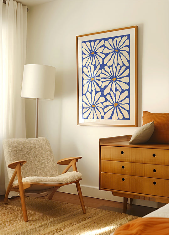 Słoneczny kwiatowy niebieski plakat