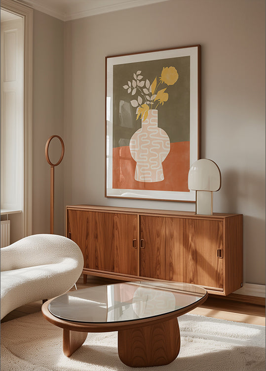 Stylizowany wazon z plakatem z białymi wzorami