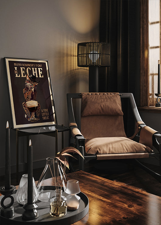 Plakat artystyczny z kotem w stylu Bourbon De Leche Guinness