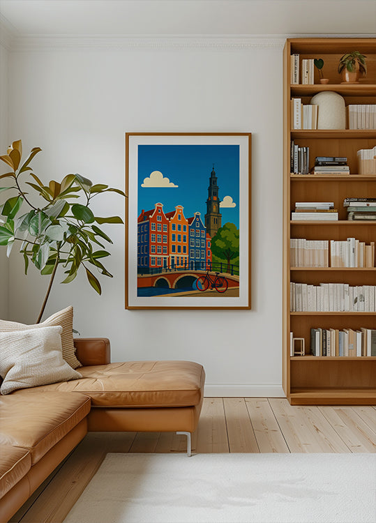 Plakat z kanałem i rowerem w Amsterdamie