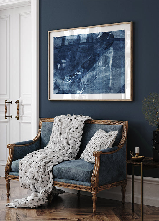 Plakat z niebieskimi teksturami płynącymi pionowymi liniami