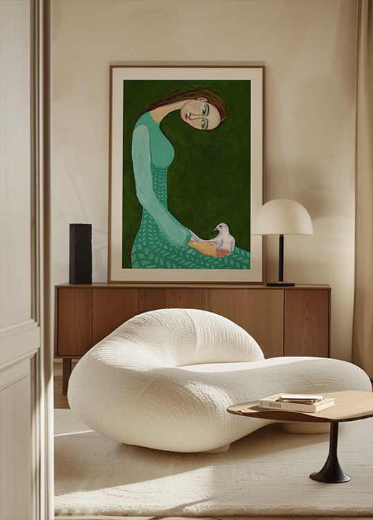 Plakat Kobieta siedząca z białą gołębicą-ptakiem