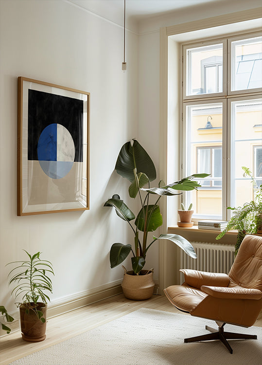 Isektowany okrąg z plakatem w niebiesko-białe ćwiartki