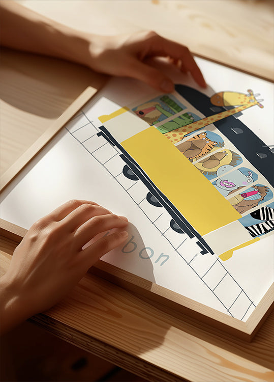 Słynny żółty tramwaj w Lizbonie ze zwierzętami z dżungli – plakat Carla Daly