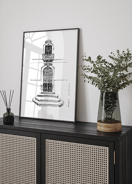 Plakat z rysunkiem miasta w portalach Portugalii