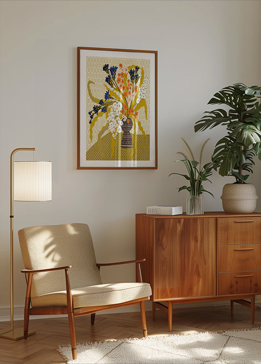 Współczesna kwiatowa martwa natura musztarda żółty plakat