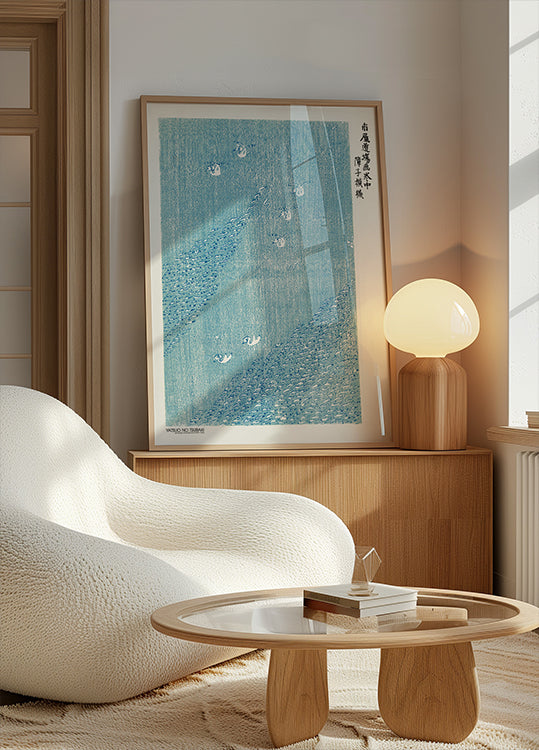 Niebieski plakat z nadrukiem drzeworytu