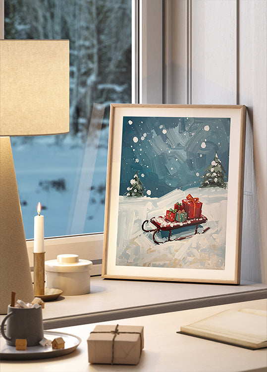 Schlitten mit Geschenken plakat