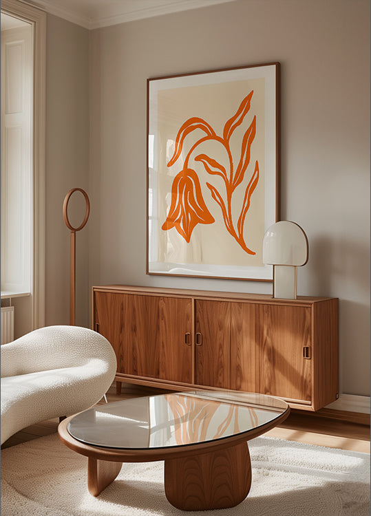 Stylizowany plakat pomarańczowy tulipan i liście