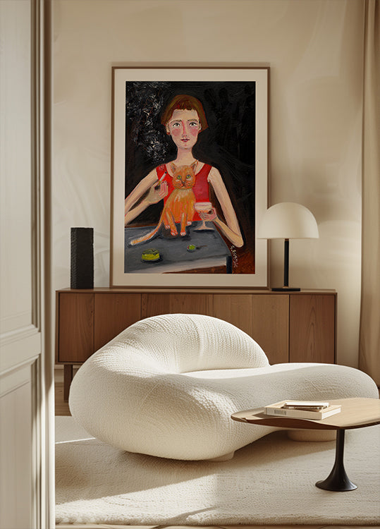 Vintage kobieta z koktajlem i plakatem z kotem