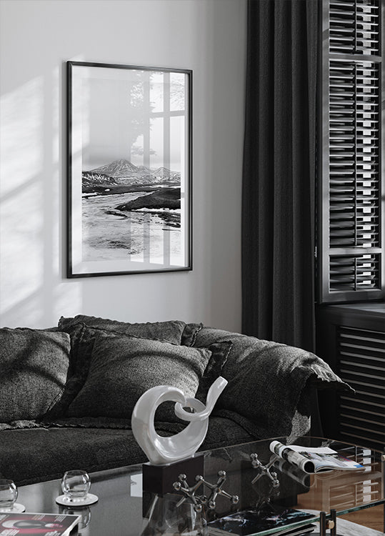 Plakat czarno-biały z zamarzniętą rzeką na Islandii