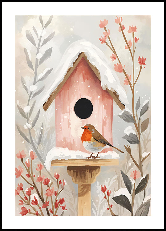 Vogelhaus mit Rotkehlchen und Pflanzen Plakat - Posterbox