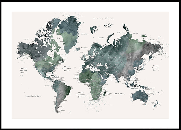Watercolor world map with cities, Makoa Plakat - Posterbox