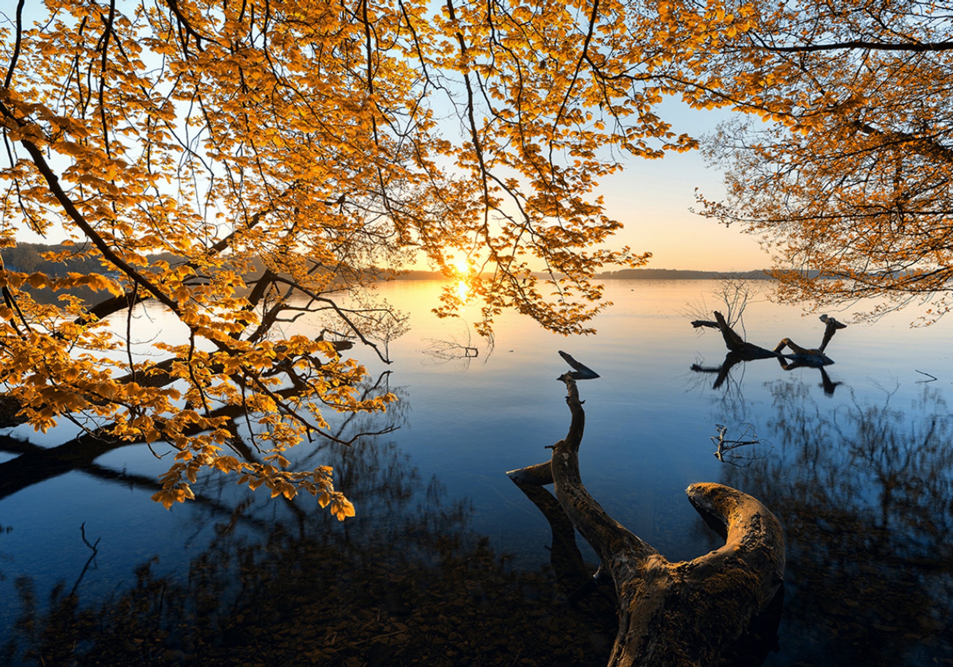 Wschód słońca nad jeziorem złotej jesieni