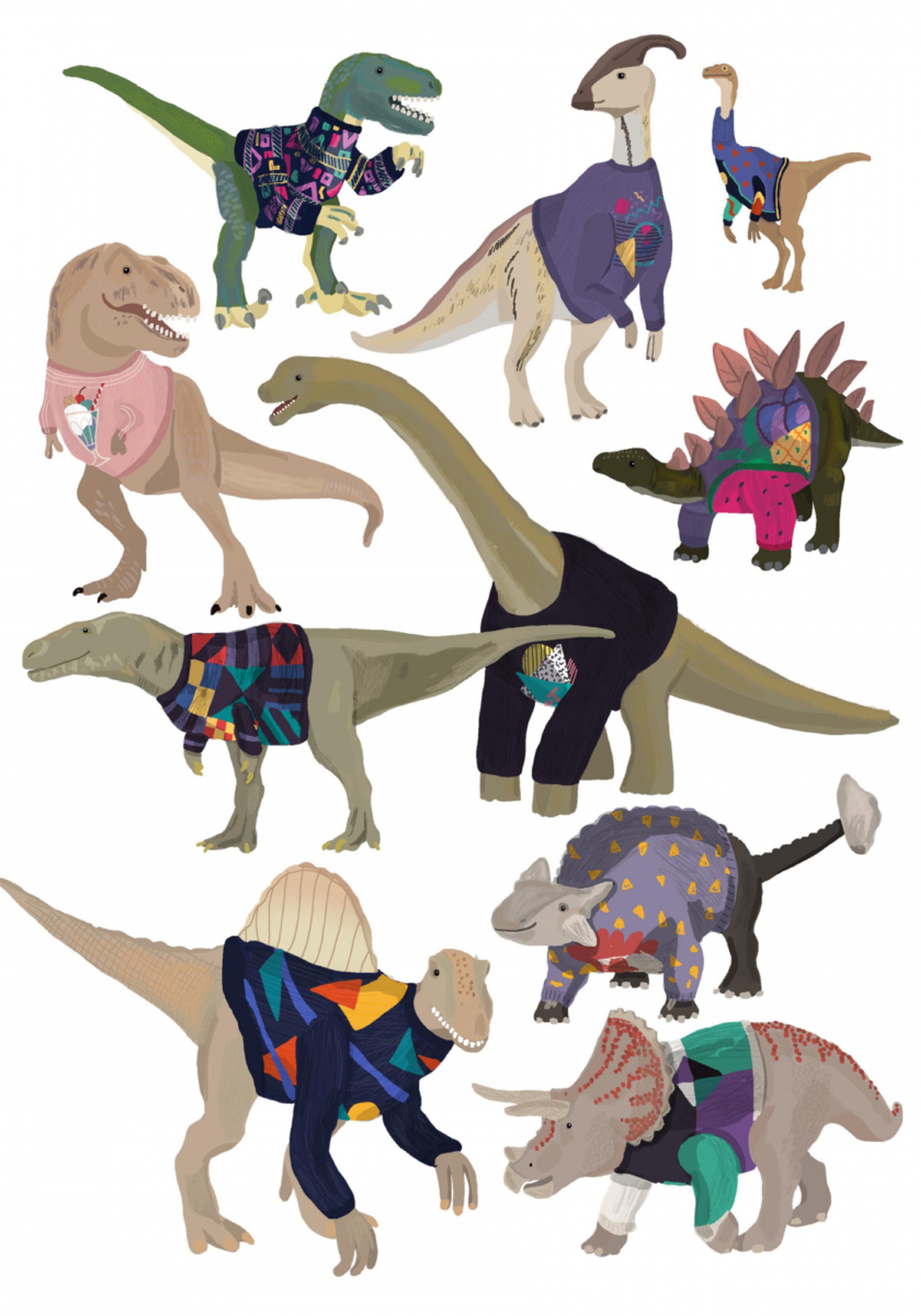 Fantazyjne swetry z dinozaurami