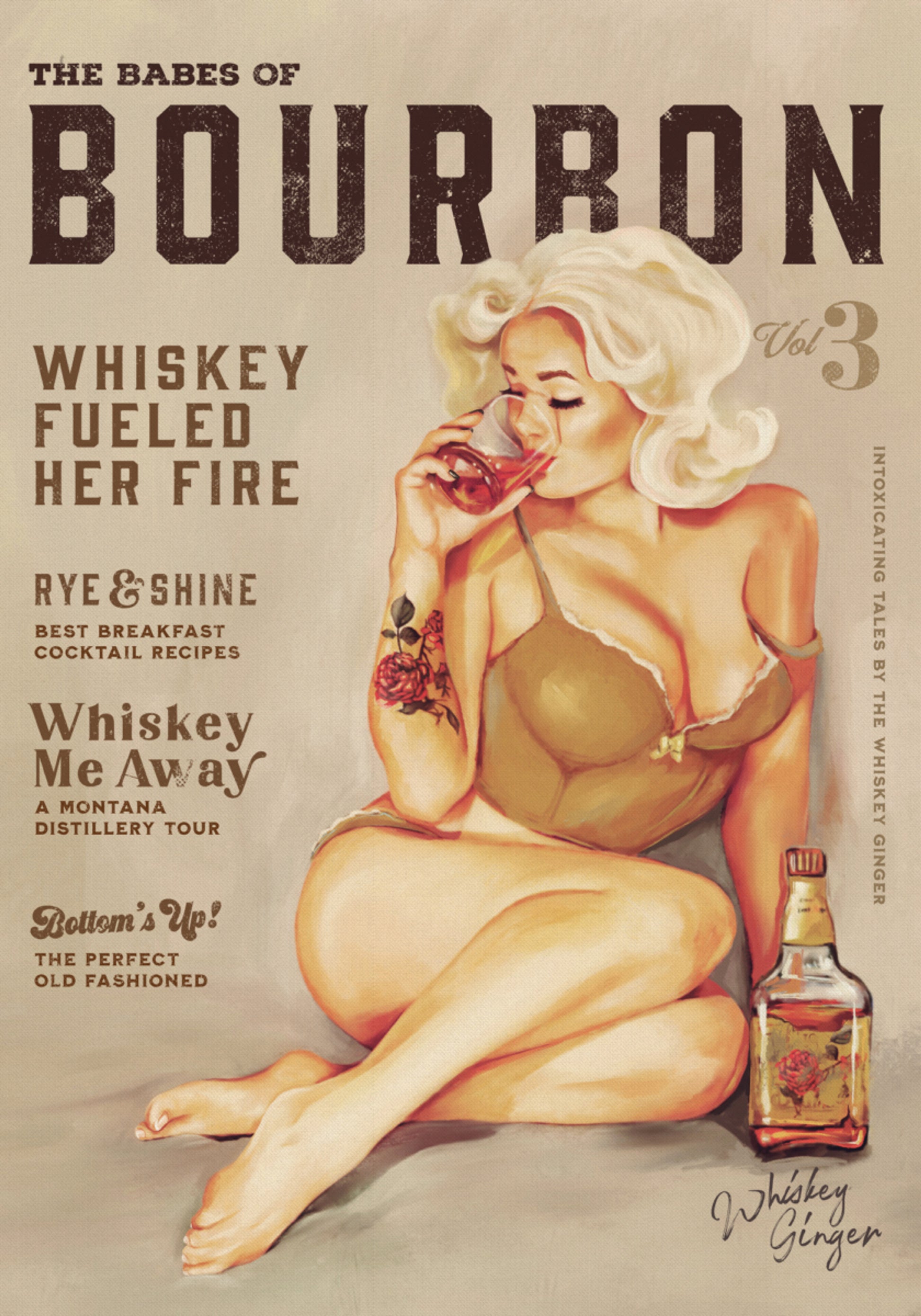 Sztuka ścienna Bourbona. Seksowna dziewczyna w stylu vintage pin up pijąca whisky