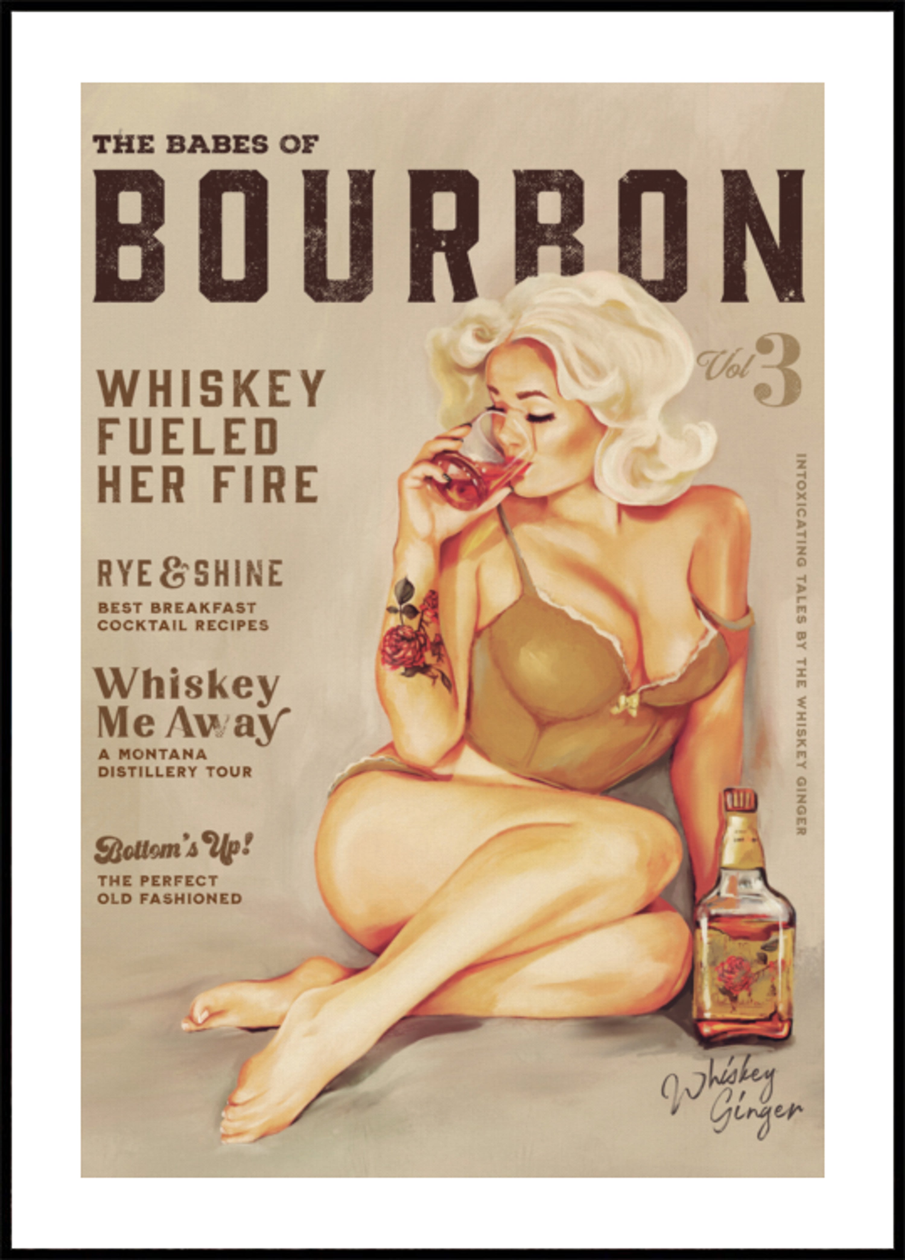 Sztuka ścienna Bourbona. Seksowna dziewczyna w stylu vintage pin up pijąca whisky