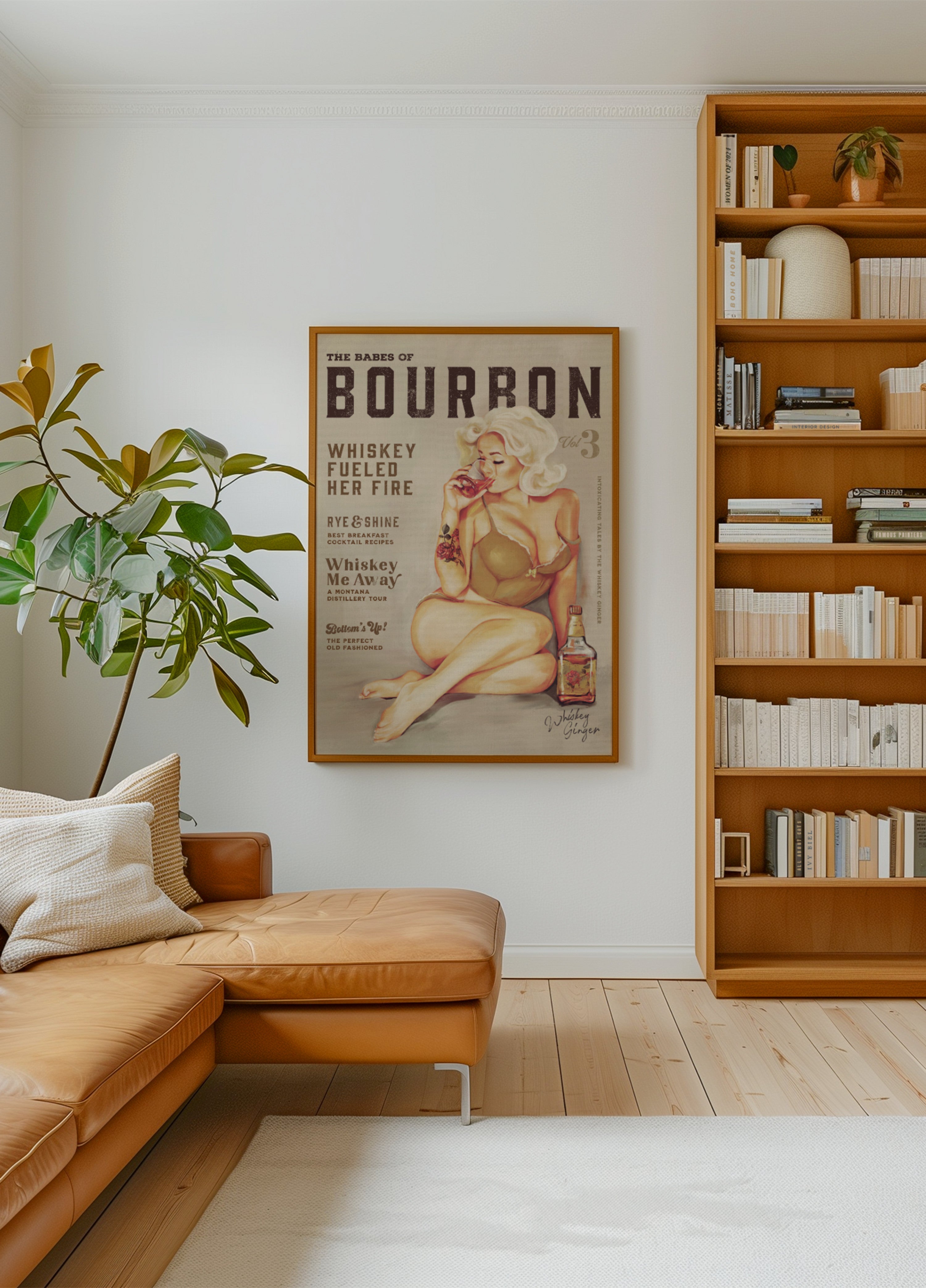 Sztuka ścienna Bourbona. Seksowna dziewczyna w stylu vintage pin up pijąca whisky